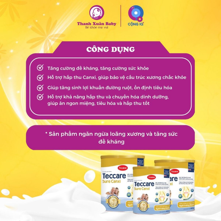 Công dụng Sữa bột Teccare Sure Canxi 800gr